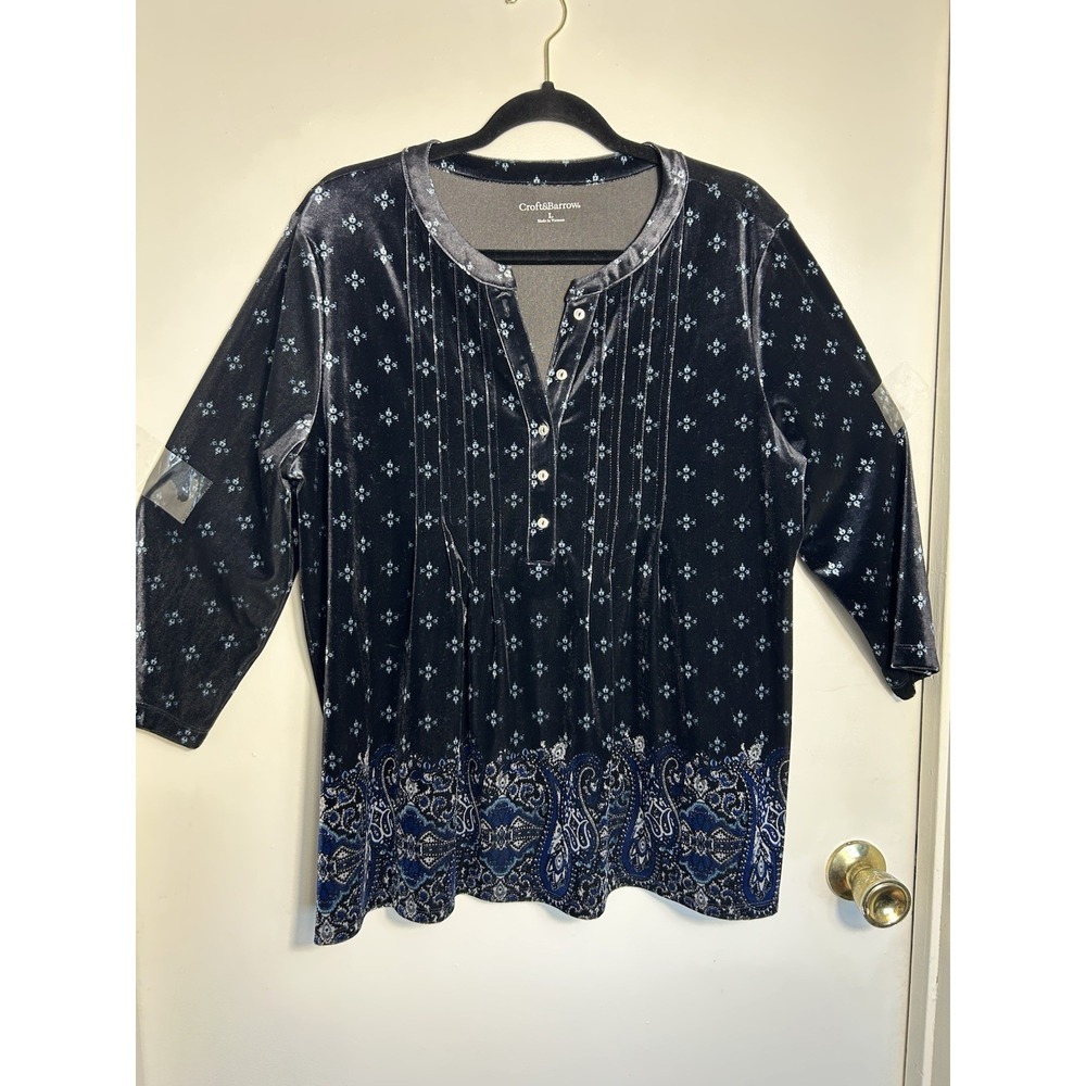 Croft & Barrow Women's Velvet Henley Top Blue Paisley Pattern Size L 3/4 Sleeve